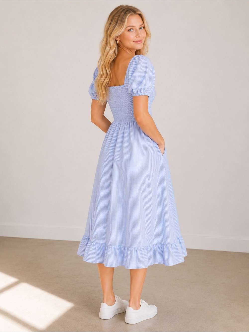 J.Crew Blue & White Stripe Short-Sleeve Smocked Dress - Picture 4 of 12